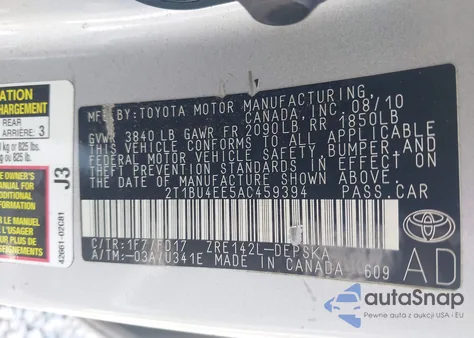 2010 Toyota Corolla S z USA, uszkodzony, nr VIN 2T1BU4EE5AC459394